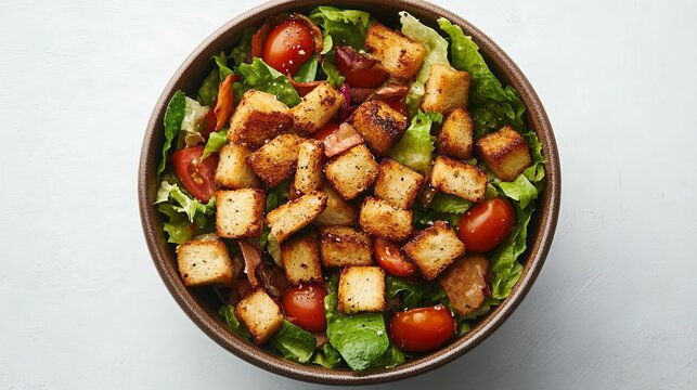 Overhead shot of a caesar salad with croutons tomatoes and lettuce in a brown ceramic bowl