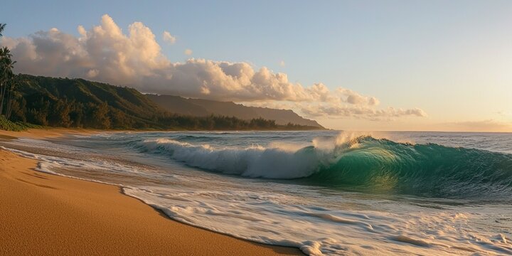 Powerful ocean waves rolling onto a golden sandy beach at sunrise