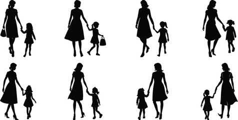Family mom and children walking and playing together with kids silhouettes set collection.