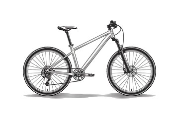 Engraving of a mountain bike isolated on white background, showcasing its design and components.
