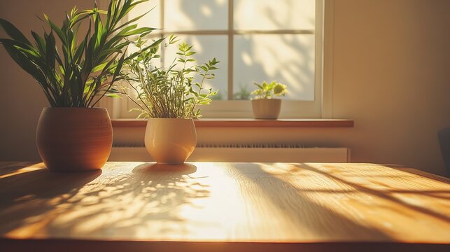 Plants in pots sit on a table with sunlight streaming through a window in a warm and inviting room