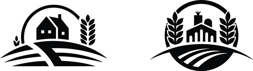 Rural Agriculture Landscape Vector Emblem Design, Minimal Farm Field Silhouette with House and Wheat Vector, Black Silhouette Farmhouse Logo Icon on White Background.