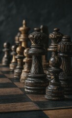 A chess board with pieces on it, a dark background, a black wall in the background, wooden and brown chess figures, photo taken from the front, 