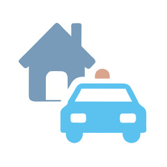 Obraz premium Taxi Passing Home Icon – Cab Near House Symbol, Transportation and Travel Concept