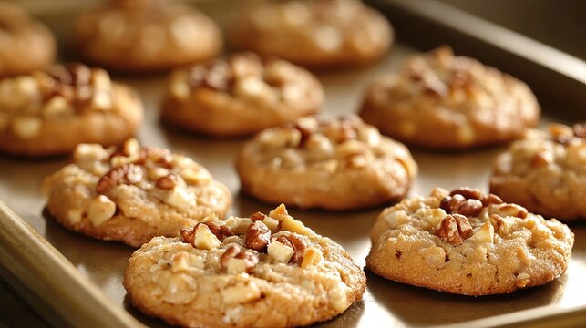 Close up of freshly baked walnut cookies on a baking sheet ready to be served and enjoyed soon