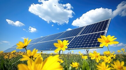 Solar panel of solar power system at green agriculture plantaiton field beside organic farm.	