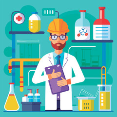 Scientist holding notes in lab setting.