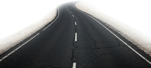 Winding Asphalt Road with Snow Banks Winter Scene Travel Journey