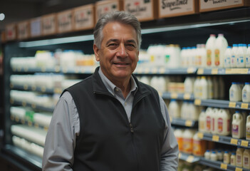 Obraz premium Supermarket shift supervisor smiling in the dairy aisle