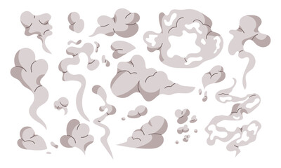 Smoke cloud comic set. Comic smoke flows, dust, smog and smoke steaming cloud silhouettes hand drawn illustration isolate on white .