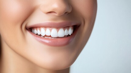 Obraz premium Close up woman smiling with clean teeth on a white background
