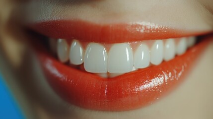 A close-up of a beautiful, gentle female smile with perfect white teeth. Soft and natural lighting enhances the smoothness of the lips and the freshness of the smile. 