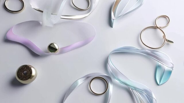 An abstract layout of fashion accessories, featuring smooth vector lines and soft drop shadows. The camera pans slowly across the scene, revealing intricate designs and subtle color gradients