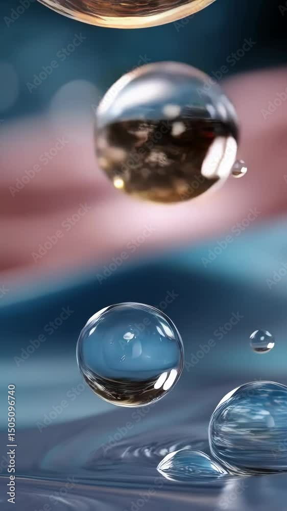 Poster abstract animation featuring transparent liquid spheres floating above a reflective surface with rip