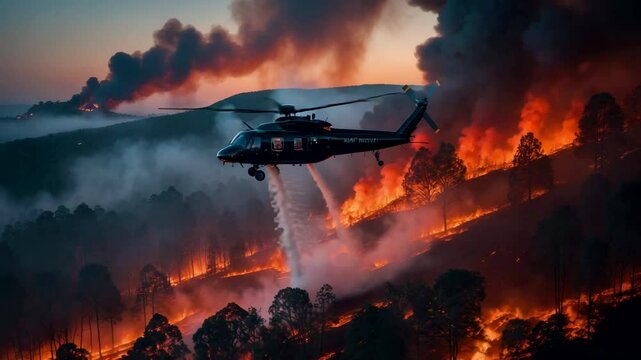 Helicopter Dropping Water Over Massive Forest Fire at Dusk