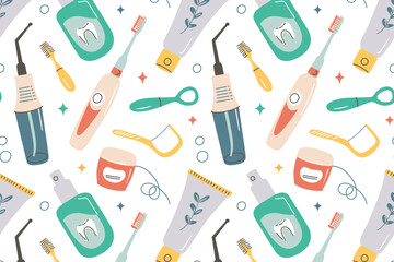 Seamless pattern with dental care accessories, vector illustrations of toothbrushes, toothpaste tubes, floss, tongue scraper, interdental brushes, mouthwash bottles, and irrigators. Flat cartoon style