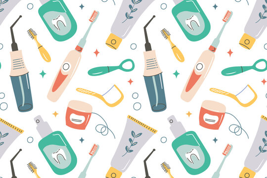 Seamless pattern with dental care accessories, vector illustrations of toothbrushes, toothpaste tubes, floss, tongue scraper, interdental brushes, mouthwash bottles, and irrigators. Flat cartoon style