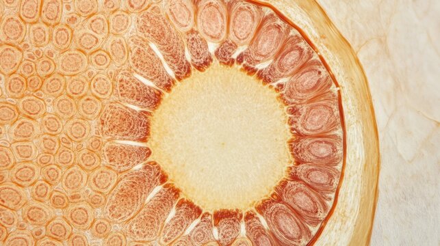 Stem of wood dicotyledon, half cross section under microscope. Light microscope slide with the microsection of a wood stem with vascular bundles, concentric arranged in a ring. Plant anatomy