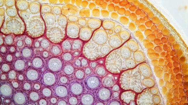 Stem of wood dicotyledon, half cross section under microscope. Light microscope slide with the microsection of a wood stem with vascular bundles, concentric arranged in a ring. Plant anatomy