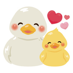 お座りした笑顔のアヒルの親子イラストセット