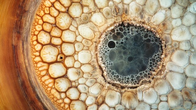 Stem of wood dicotyledon, half cross section under microscope. Light microscope slide with the microsection of a wood stem with vascular bundles, concentric arranged in a ring. Plant anatomy