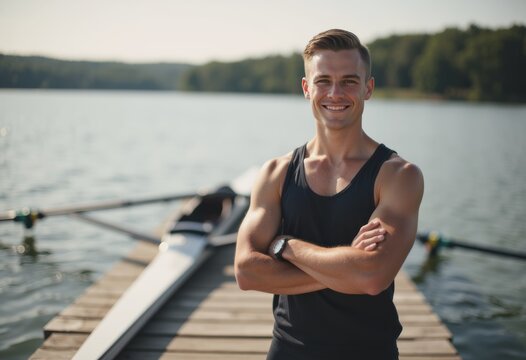 Senior rower smiling confidently on the dock beside his shell