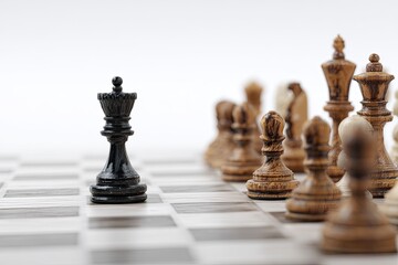 A chess board with white and brown pieces on the left side of it, against a white background with a blurred perspective. 