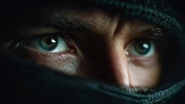 Ultra-realistic 4K close-up of a masked burglar&rsquo;s steely eyes peering through dark fabric, skin texture and light reflections heighten the suspense.