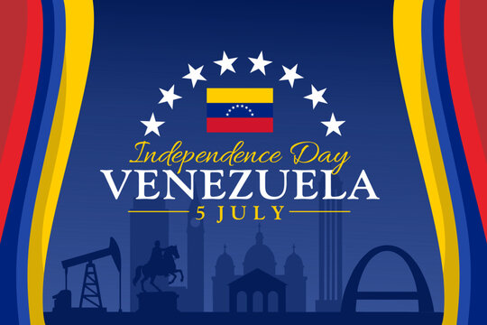 Happy Independence Day Venezuela July 5 with flag ribbon and cityscape silhouette. Vector Illustration