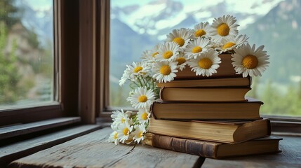 Daisies atop a stack of books by a window overlooking mountains on a rustic wooden surface top