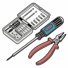 Vector illustration of toolkit with screwdriver, pliers, and circuit parts, isolated on transparent background

