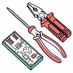 Vector illustration of toolkit with screwdriver, pliers, and circuit parts, isolated on transparent background
