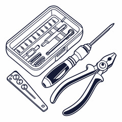 Vector illustration of toolkit with screwdriver, pliers, and circuit parts, isolated on transparent background
