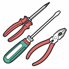 Vector illustration of toolkit with screwdriver, pliers, and circuit parts, isolated on transparent background
