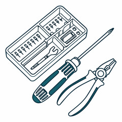Vector illustration of toolkit with screwdriver, pliers, and circuit parts, isolated on transparent background
