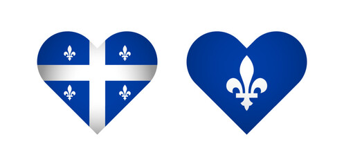 Set of hearts with flag of Quebec elements. Holiday logo. T shirt concept. Quebec National Day decoration design. Isolated sign. Heart shape. Badge idea. Creative emblem. Traditional branding icon.