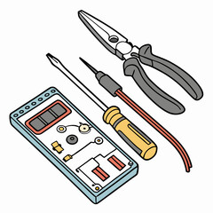 Vector illustration of toolkit with screwdriver, pliers, and circuit parts, isolated on transparent background
