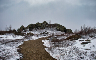 Walking path leading to rock pile on Dalton Highway