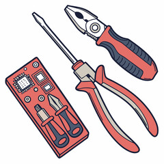 Vector illustration of toolkit with screwdriver, pliers, and circuit parts, isolated on transparent background

