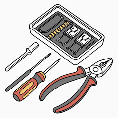 Vector illustration of toolkit with screwdriver, pliers, and circuit parts, isolated on transparent background
