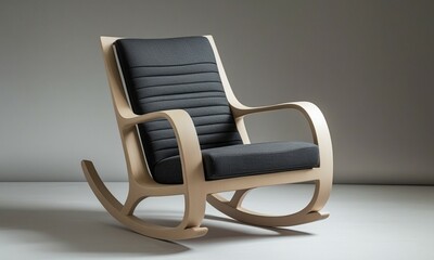 Modern wooden rocking chair with black cushioned seat, isolated on white background.


