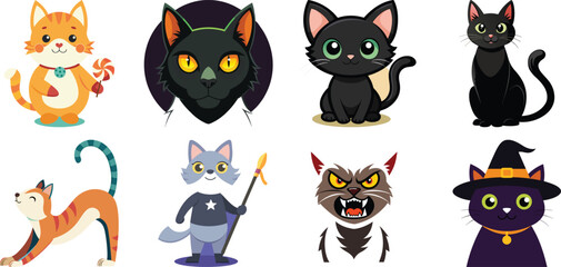 Black Cat Vector Pack  8 Cute & Scary Cats for Halloween Isolated on transparent background