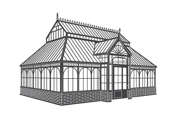 Engraving of a victorian style greenhouse isolated on white background