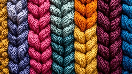 Close-up of multicolored yarn in knit pattern, perfect for fabric design, apparel textures, and handmade visual themes.