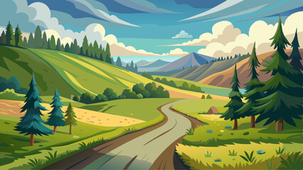 Gravel road winds through the rural landscape of Transcarpathia, offering peaceful scenery. A country way meanders among forested hills under a cloudy summer sky, with trees along the path.

