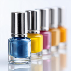 Nail polish bottles in various colors lined up with nail technician preparing for colorful manicure session