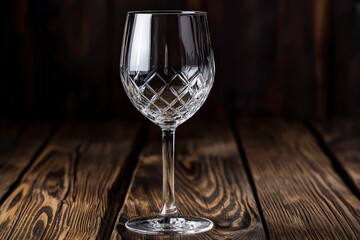 Elegant crystal wine glass with intricate cut patterns on wooden surface, illuminated by warm golden light for a sophisticated ambiance