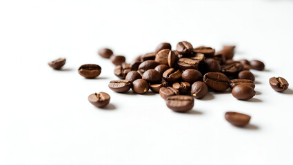 Naklejka premium Pile of coffee beans on a plain white backdrop, clearly cut out.