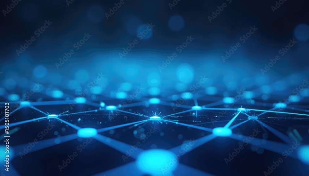 Poster abstract digital network with glowing blue nodes and interconnected lines. the background features a