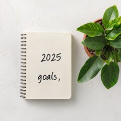 Notebook with goals for 2025 beside a green plant.